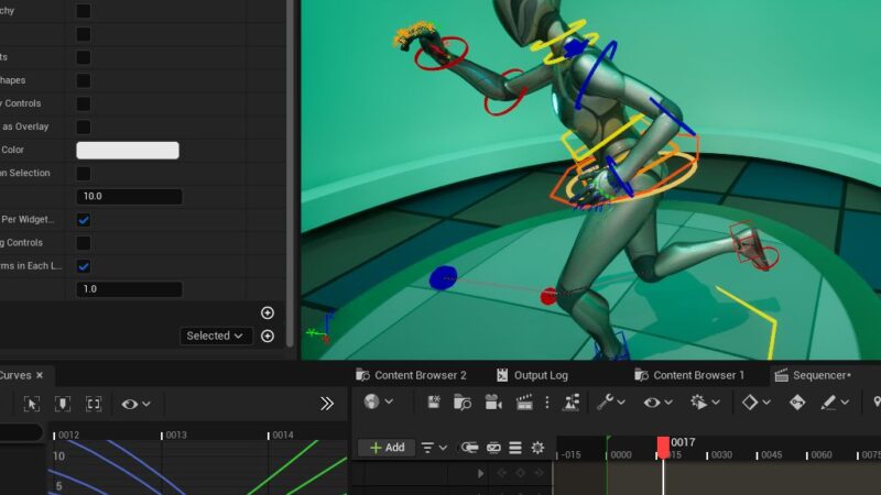pannello di Sequencer con chiavi di animazioni e personaggio animato