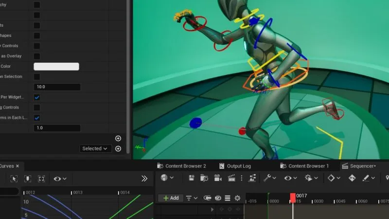pannello di Sequencer con chiavi di animazioni e personaggio animato