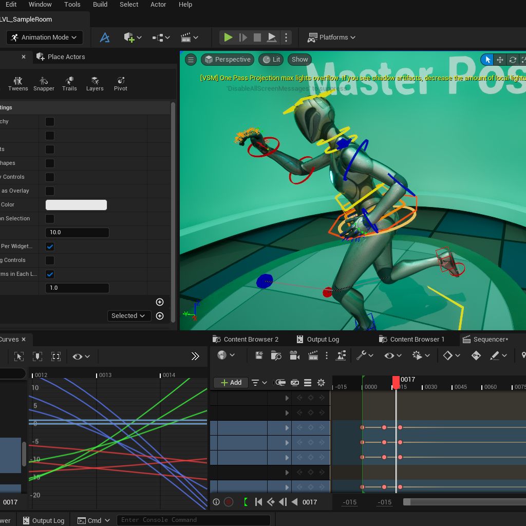 pannello di Sequencer con chiavi di animazioni e personaggio animato