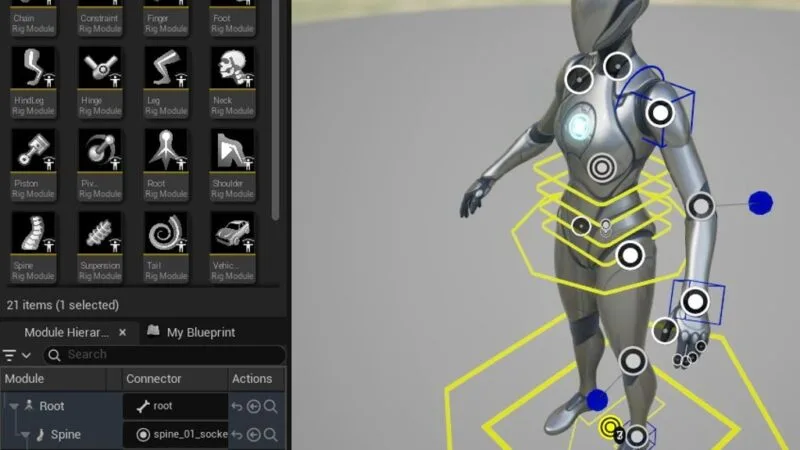 Pannello modular rig, moduli di rig e personaggio con socket attivi