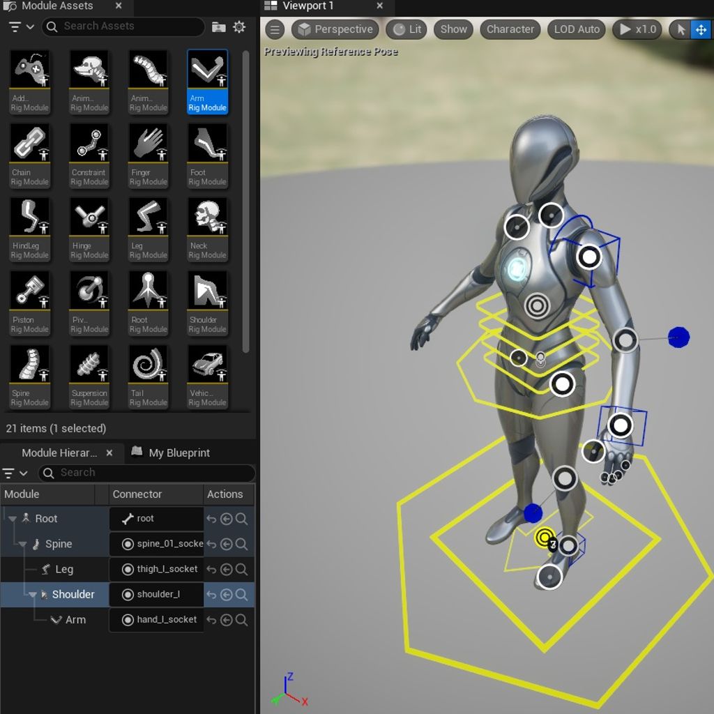 Pannello modular rig, moduli di rig e personaggio con socket attivi